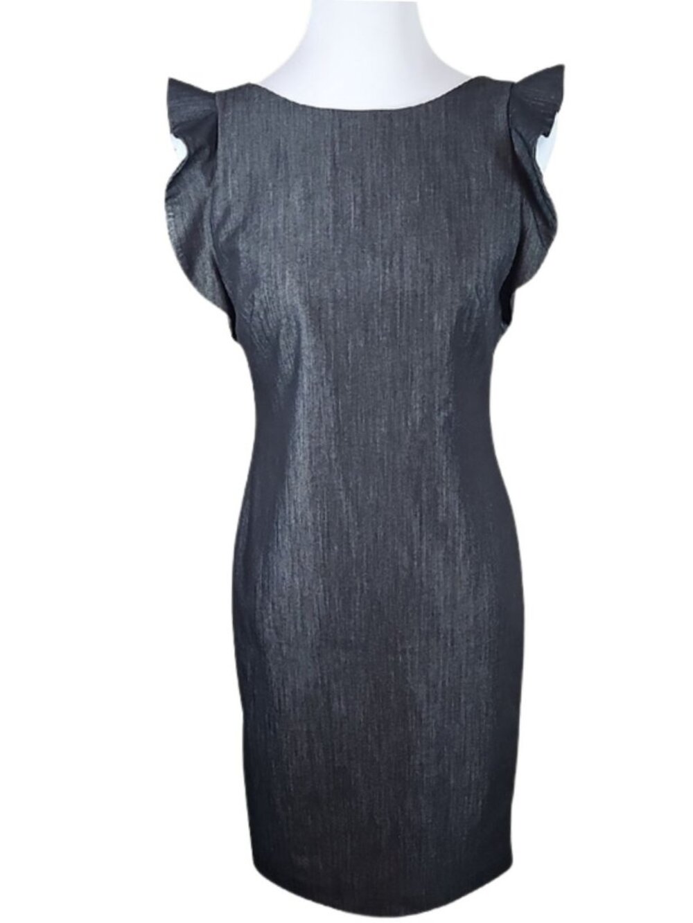 Calvin Klein Flutter Ruffle Sleeve Sheath Dress Sz 4 Gray Metallic Cocktail Work